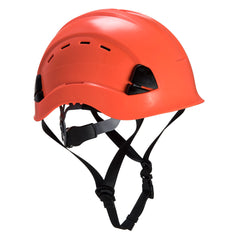 Orange Height endurance mountanieer hard hat with black chin straps.