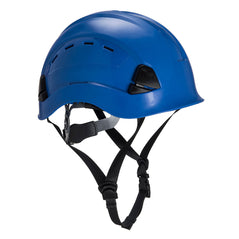 Blue Height endurance mountanieer hard hat with black chin straps.