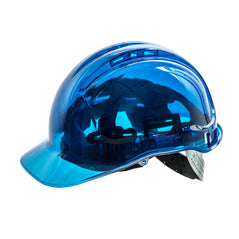 Blue Portwest peak view hard hat. Hard hat is made of a see through material. Hard hat is vented and has buckle adjustment for tightening.