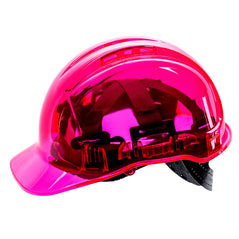 Pink Portwest peak view hard hat. Hard hat is made of a see through material. Hard hat is vented and has buckle adjustment for tightening.