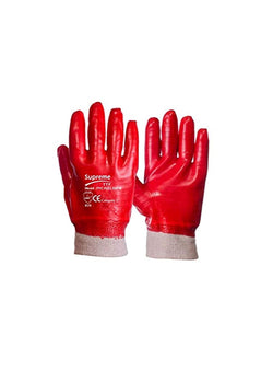 Pair of red supreme FC320 pic knit wrist gloves. Gloves have a white knit wrist.