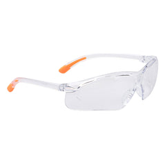 Clear lens fossa spectacle with clear frame and orange contrast on the frame arms.