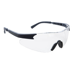Clear safety spectacles with black arms and a black nose section.