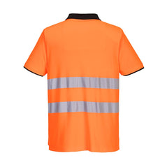 Orange Hi-Vis PW2 polo shirt with short sleeves and black detail on chest collar and sleeve