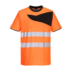 Orange Hi-Vis PW2 t-shirt with short sleeves and black detail on chest collar and sleeve