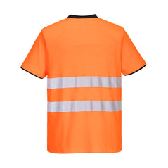 Orange Hi-Vis PW2 t-shirt with short sleeves and black detail on chest collar and sleeve