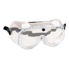 Clear indirect vent safety goggle with black elasticated headband.