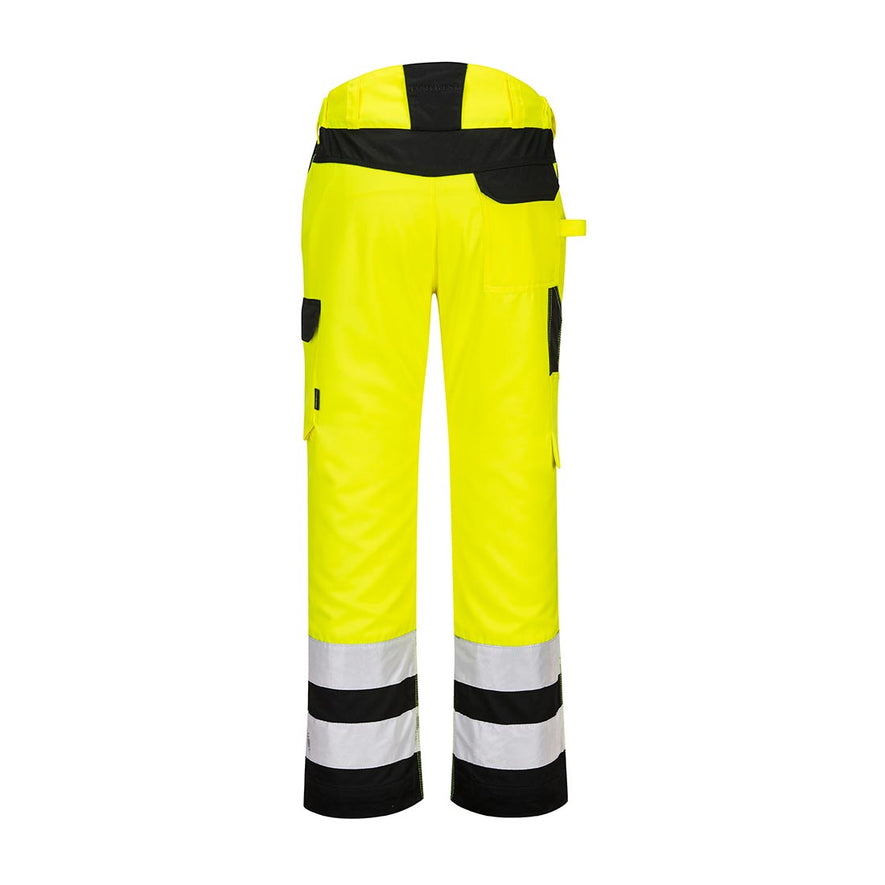 Yellow PW2 Hi-Vis service trouser with cargo pocket and details on waist and ankles in black