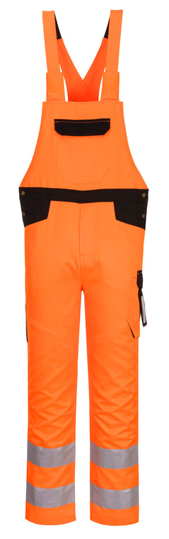 Portwest PW2 Hi-Vis Bib and Brace in orange with black pocket flap on chest and leg and waistband, shoulder straps, pockets on legs and reflective strips on both legs.