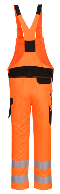 Back of Portwest PW2 Hi-Vis Bib and Brace in orange with black patch on strap, pockets on legs and waistband, shoulder straps and reflective strips on both legs.