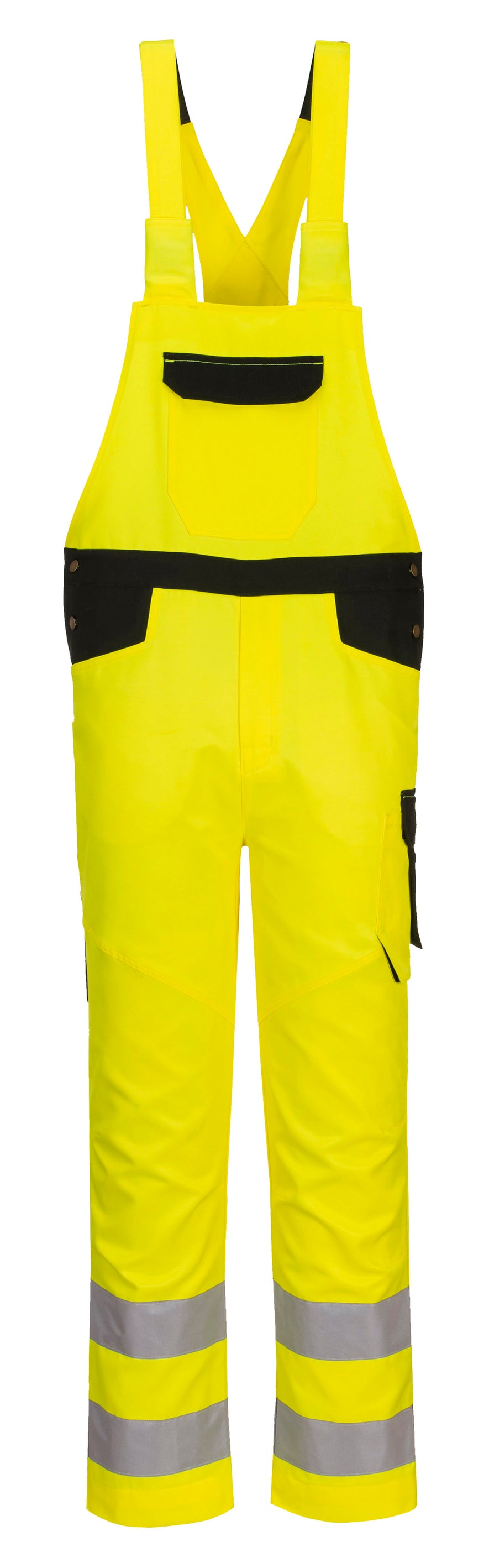 Portwest PW2 Hi-Vis Bib and Brace in yellow with black pocket flap on chest and leg and waistband, shoulder straps, pockets on legs and reflective strips on both legs.