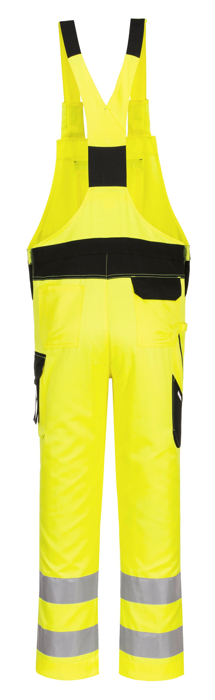 Back of Portwest PW2 Hi-Vis Bib and Brace in yellow with black patch on strap, pockets on legs and waistband, shoulder straps and reflective strips on both legs.