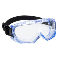 Portwest ultra vista goggle. Goggle has blue branding, clear lens, black elasticated headband.
