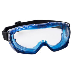 Portwest ultra vista goggle. Goggle has blue outer frame, clear lens, black elasticated headband. Goggles are unvented.