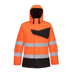 PW2 Hi-Vis hooded Winter Jacket in orange with chest details black and reflective strips across middle/bottom
