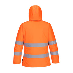 PW2 Hi-Vis hooded Winter Jacket in orange with chest details black and reflective strips across middle/bottom