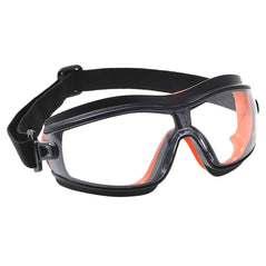 Black Portwest slim fit safety goggles. Goggles have clear lens, elasticated headband and orange inner.