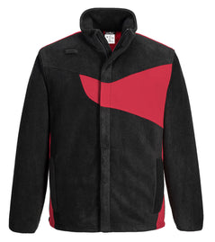 Portwest PW2 Fleece in black with red panel on chest and sides, full zip fastening, long sleeves and collar. 