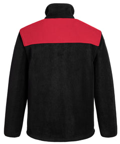 Back of Portwest PW2 Fleece in black with red panel on shoulders, long sleeves and collar. 