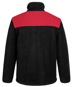 Back of Portwest PW2 Fleece in black with red panel on shoulders, long sleeves and collar.