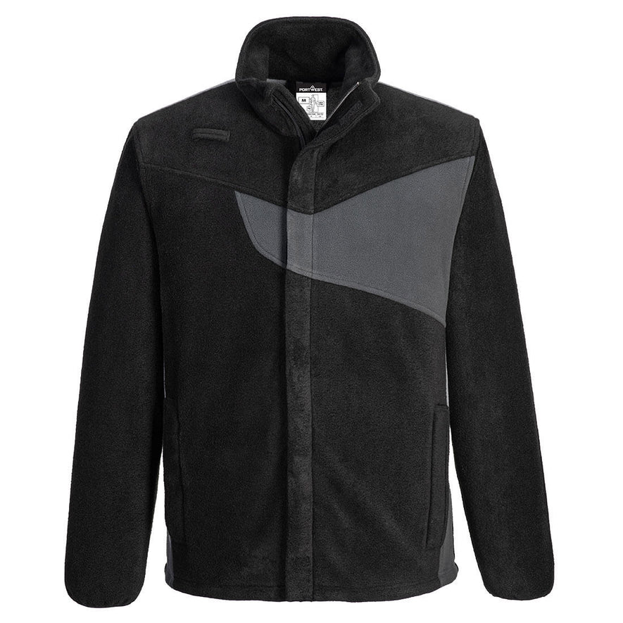 Portwest PW2 Fleece in black with zoom grey panel on chest and sides, full zip fastening, long sleeves and collar. 