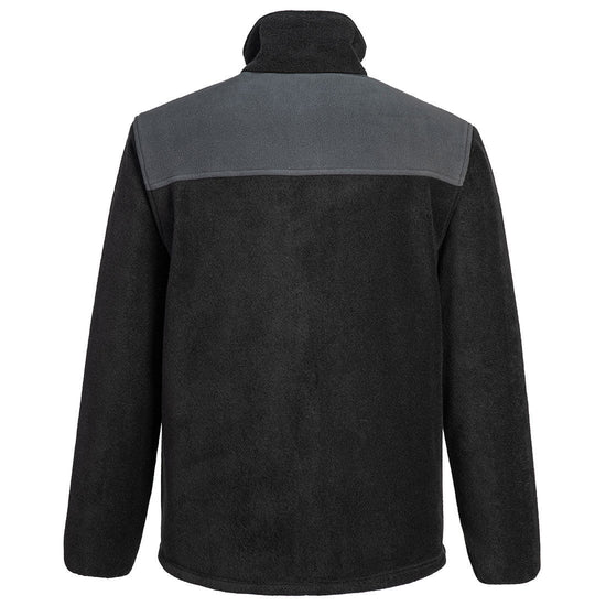 Back of Portwest PW2 Fleece in black with zoom grey panel on shoulders, long sleeves and collar. 