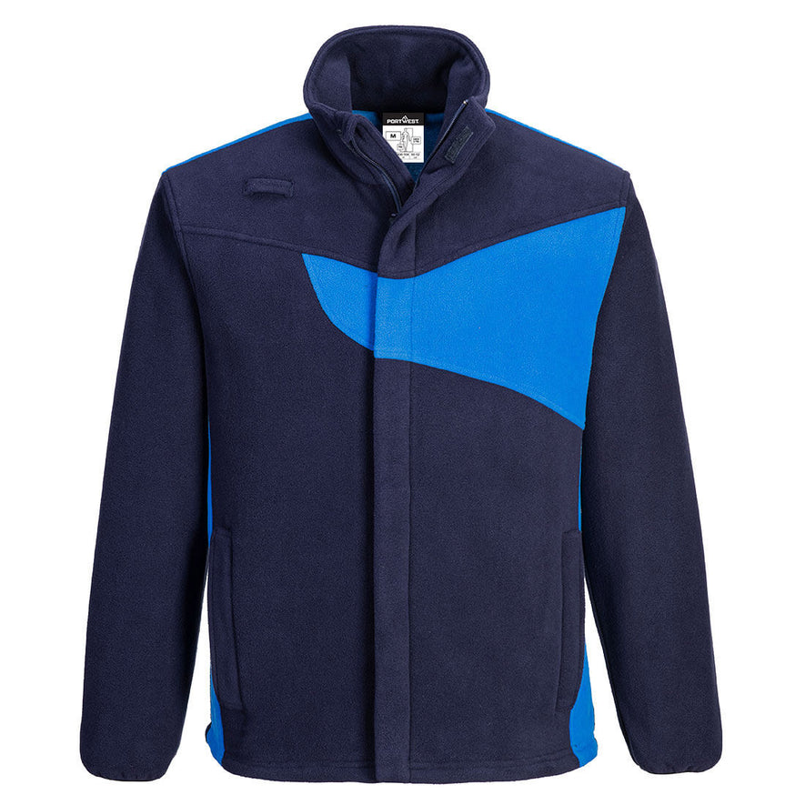 Portwest PW2 Fleece in navy with royal blue panel on chest and sides, full zip fastening, long sleeves and collar. 