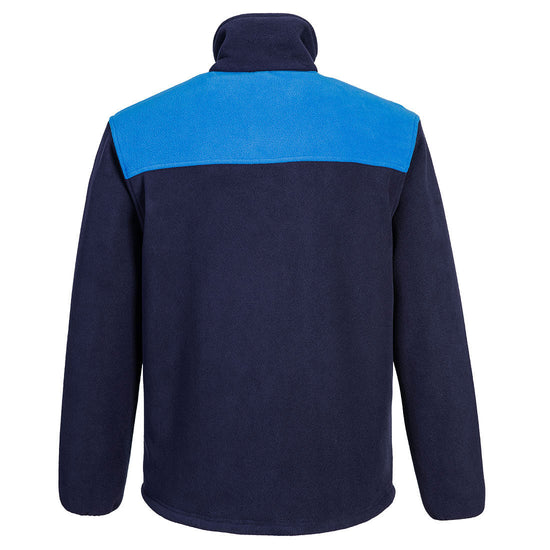 Back of Portwest PW2 Fleece in navy with royal blue panel on shoulders, long sleeves and collar. 