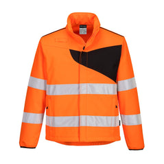 PW2 Hi-Vis Softshell 2L in Orange with chest details in black across chest and back with reflective strips