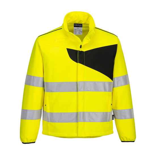PW2 Hi-Vis Softshell 2L in Orange with chest details in black detail across chest and back with reflective strips