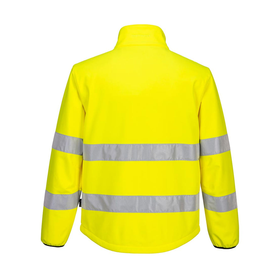 PW2 Hi-Vis Softshell 2L in Orange with chest details in black detail across chest and back with reflective strips