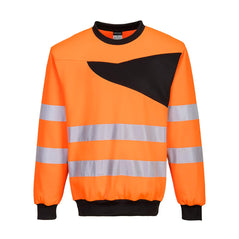 PW2 Hi-Vis crew neck sweatshirt 2L in orange with chest details in black detail across chest, collar and back with reflective strips