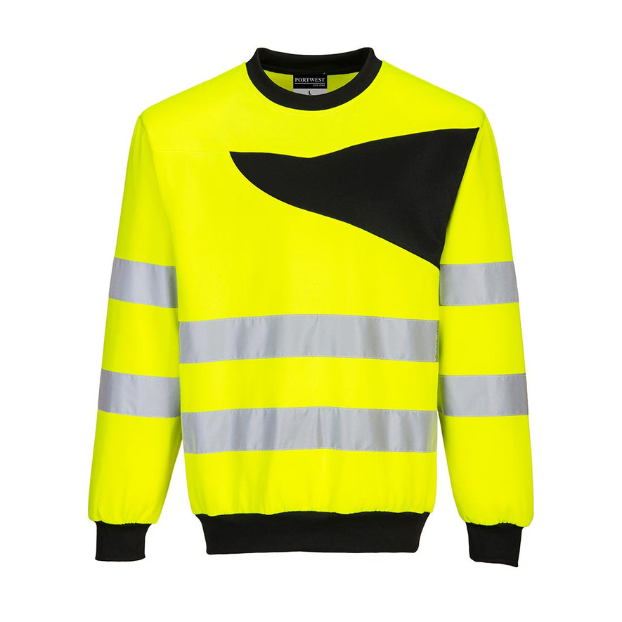 PW2 Hi-Vis crew neck sweatshirt 2L in yellow with chest details in black detail across chest, collar and back with reflective strips