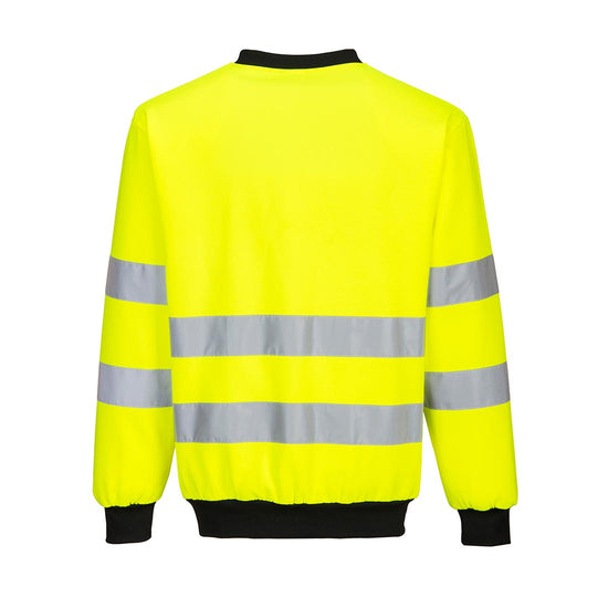 PW2 Hi-Vis crew neck sweatshirt 2L in yellow with chest details in black detail across chest, collar and back with reflective strips
