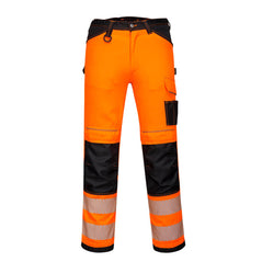 Orange PW3 Hi-Vis lightweight stretch work trouser with two cargo pockets on waist and black contrast details on shins and knees and belt area. 