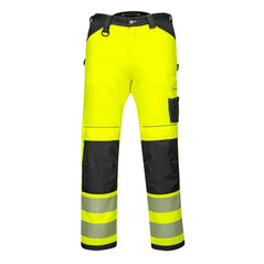 Yellow PW3 Hi-Vis lightweight stretch work trouser with two cargo pockets on waist and black contrast details on shins and knees and belt area. 