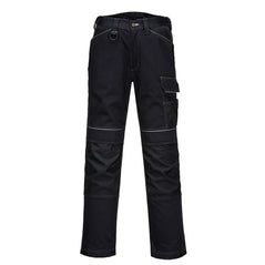 Black Portwest PW3 Ladies lightweight Stretch work Trouser. Trousers have cargo pockets with a d loop and white stitching. Trousers also have knee pad pockets.
