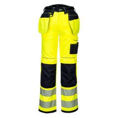 PW3 Hi-Vis Stretch Holster trousers in Yellow with black contrast on the belt and pocket area as well as the kneepad pocket area. Trousers have pockets, belt loops, knee pad pockets and holster style pockets. Trousers have hi vis bands on the ankles.