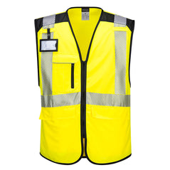 Yellow PW3 hi vis executive vest. Vest has lower pockets. Full zip fasten, Id badge holder hanging from the shoulder, chest pocket, Hi vis bands on the waist and shoulder. and black contrast on the shoulders as well as the zip lines.