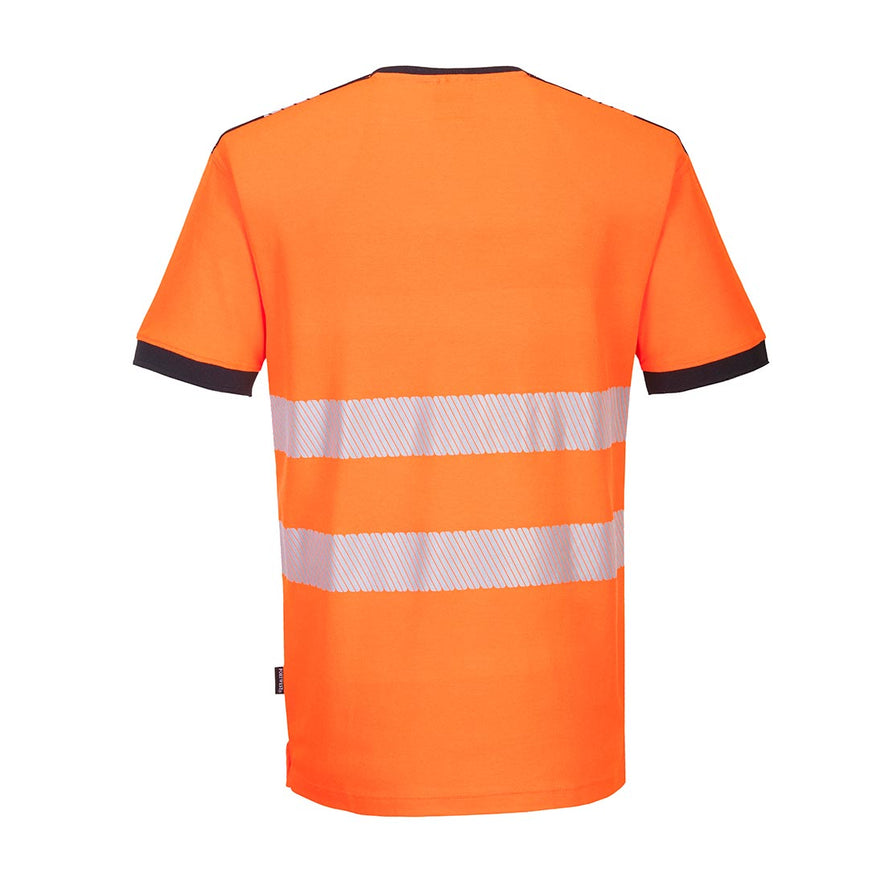 PW3 Hi-Vis V-Neck T-Shirt in yellow with black trim on collar and sleeves and reflective strips 