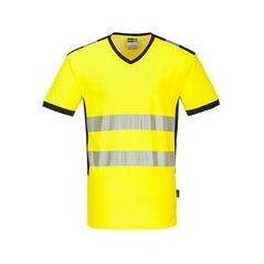PW3 Hi-Vis V-Neck T-Shirt in orange with black trim on collar and sleeves and reflective strips