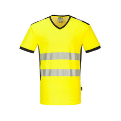 PW3 Hi-Vis V-Neck T-Shirt in orange with black trim on collar and sleeves and reflective strips 