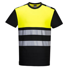 Portwest PW3 hi vis class 1 t shirt. Shirt is in black and has yellow contrast on the chest and back. Shirt has hi vis bands on the chest and shoulders.