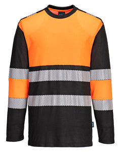 Portwest PW3 Hi-Vis Cotton Comfort T-Shirt with long sleeves in orange with black panels on top and bottoms of arms, lower body and collar. Reflective strips on body and arms.