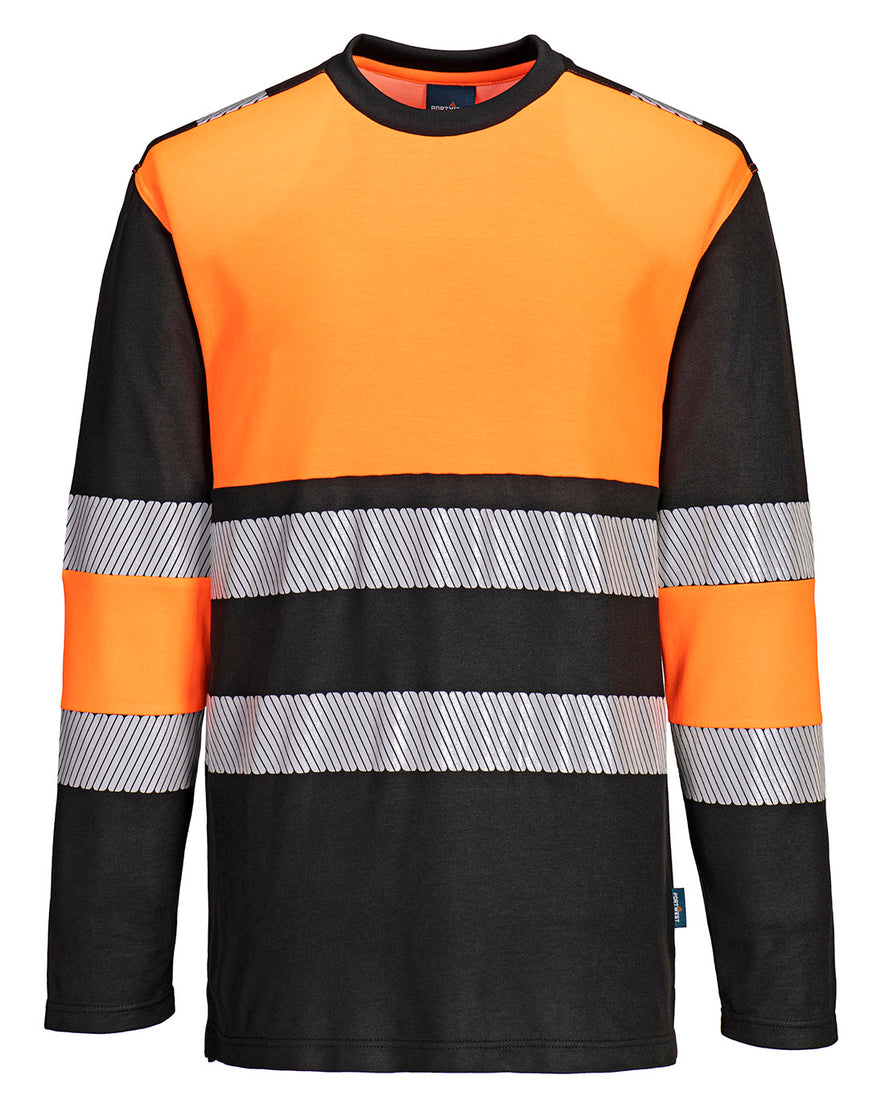 Portwest PW3 Hi-Vis Cotton Comfort T-Shirt with long sleeves in orange with black panels on top and bottoms of arms, lower body and collar. Reflective strips on body and arms.