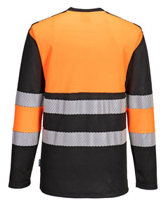 Back of Portwest PW3 Hi-Vis Cotton Comfort T-Shirt with long sleeves in orange with black panels on top and bottoms of arms, lower body and collar. Reflective strips on body and arms.