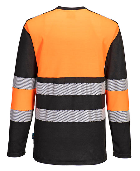 Back of Portwest PW3 Hi-Vis Cotton Comfort T-Shirt with long sleeves in orange with black panels on top and bottoms of arms, lower body and collar. Reflective strips on body and arms.