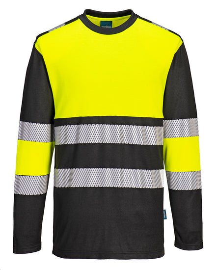 Portwest PW3 Hi-Vis Cotton Comfort T-Shirt with long sleeves in yellow with black panels on top and bottoms of arms, lower body and collar. Reflective strips on body and arms.