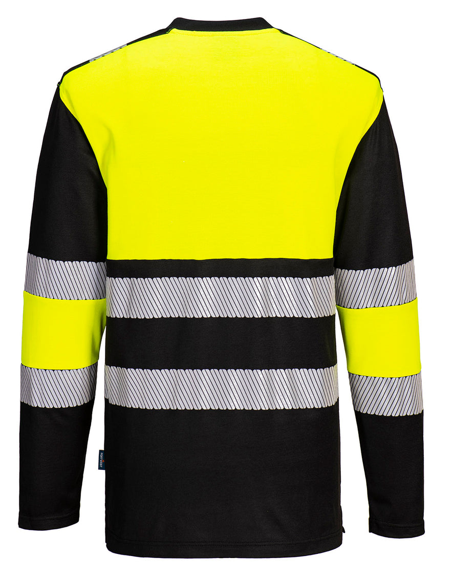 Back of Portwest PW3 Hi-Vis Cotton Comfort T-Shirt with long sleeves in yellow with black panels on top and bottoms of arms, lower body and collar. Reflective strips on body and arms.