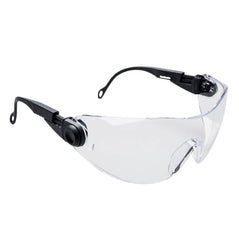 clear contoured safety spectacles with black arms on the glasses.